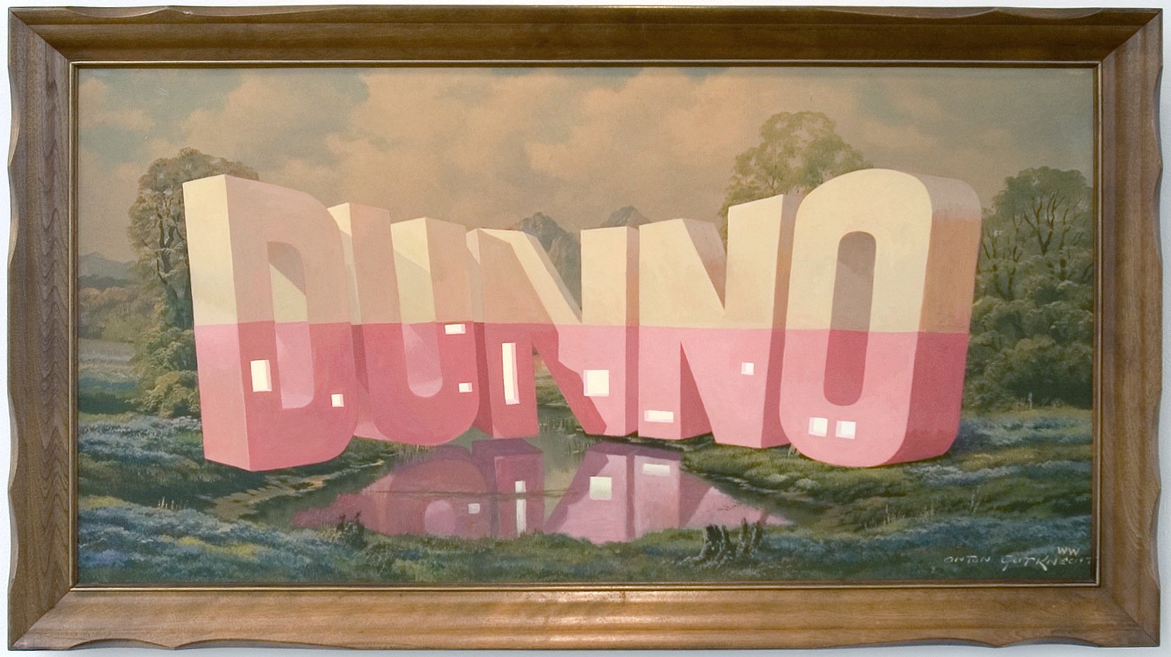 Wayne White; DUNNO, 2013; acrylic on offset lithograph; 25.5 x 45.5 in.